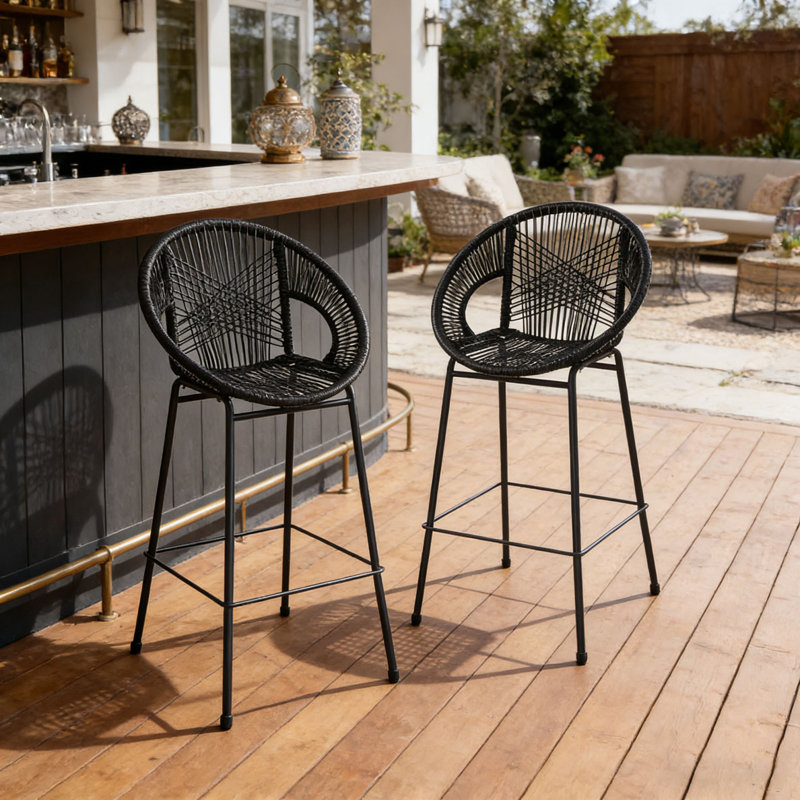 Outdoor Patio Black Faux Wicker Barstool Set, Black