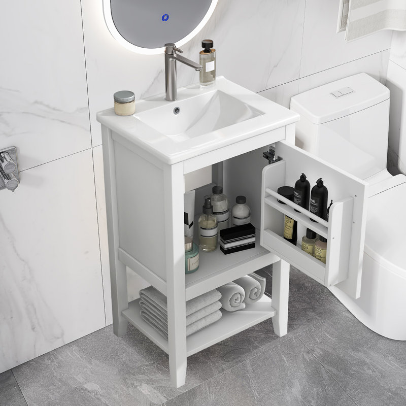 Meuble-lavabo de 20 po avec lavabo, support de rangement et tablette ouverte, Blanc