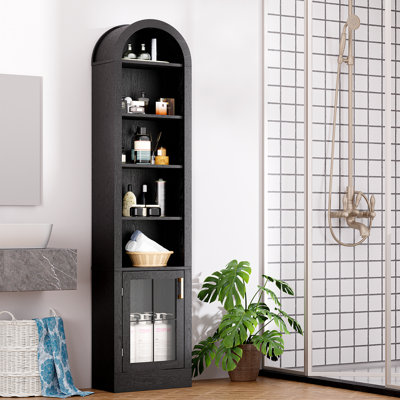 Slim Storage Cabinet With Door, Arched Top Freestanding Linen Tower, 5-Tier Narrow Organizer For Bathroom, Bedroom, Hallway