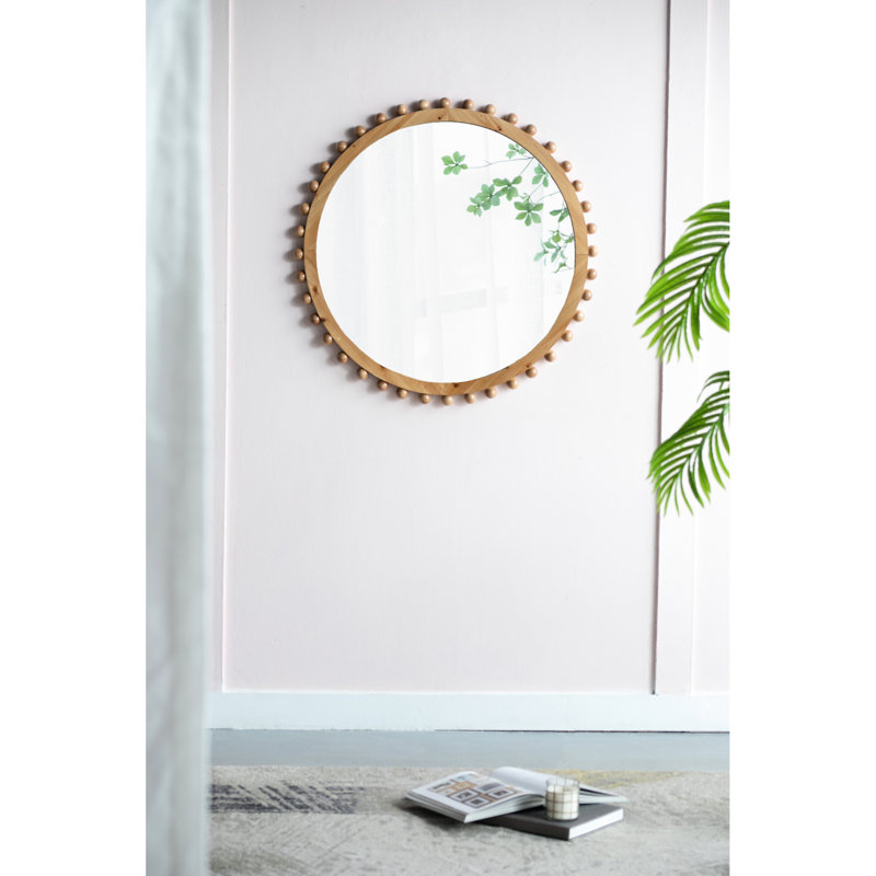 Grand miroir rond à cadre perlé en bois pour le décor de la chambre à coucher, cercle de 34 po avec salon décoratif