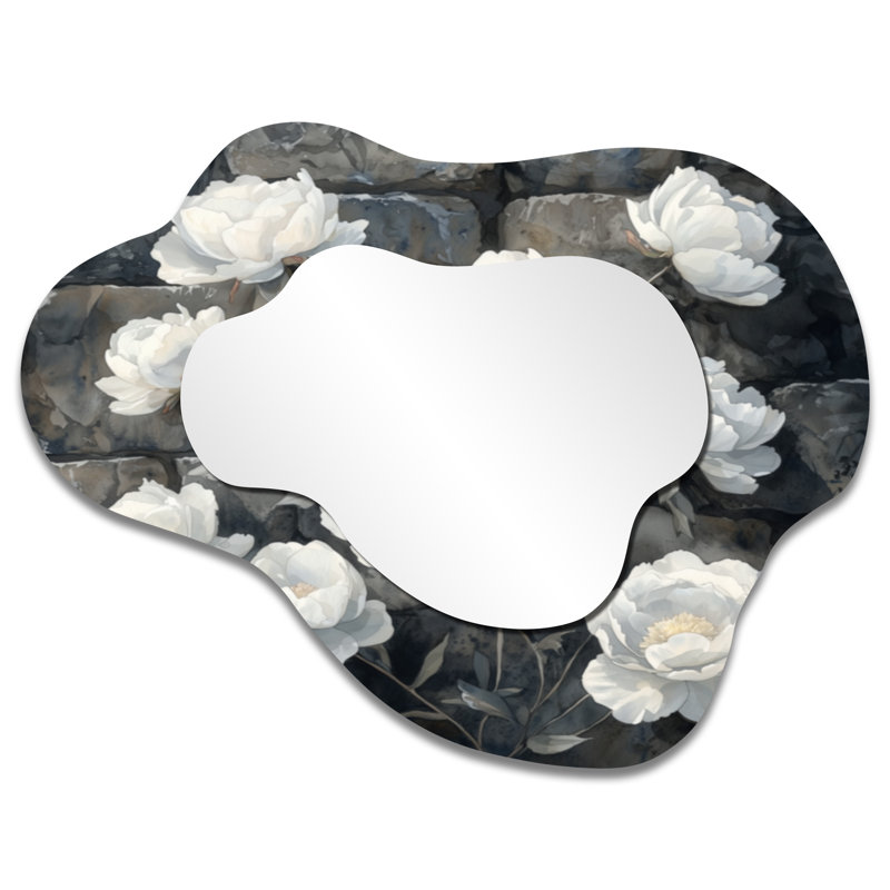 Pivoine monochrome sur le rocher I - miroir décoratif asymétrique pivoines, miroir mural traditionnel irrégulier, imprimé sur métal