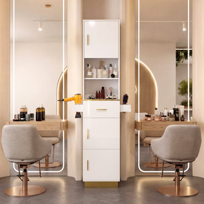 Freestanding Barber Station for Hair Styling with Tool Holders, Wooden Salon Cabinet with Drawer and Open Shelves, Makeup Organizer for Professional Salon, Spa and Home