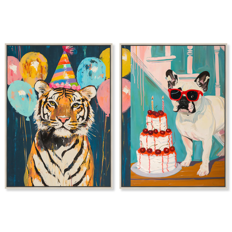Fête d'animaux, reproduction d'art sur toile par Art Remedy, H 54 po x l 36 po, Encadrement argenté