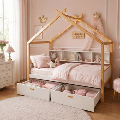 Full Size House Bed with Drawers and Bookshelf, White & Wood