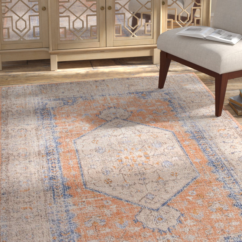 Mattawa Oriental Power Loom Performance Peach/Blue Rug, Rectangle 5' x 7'5"