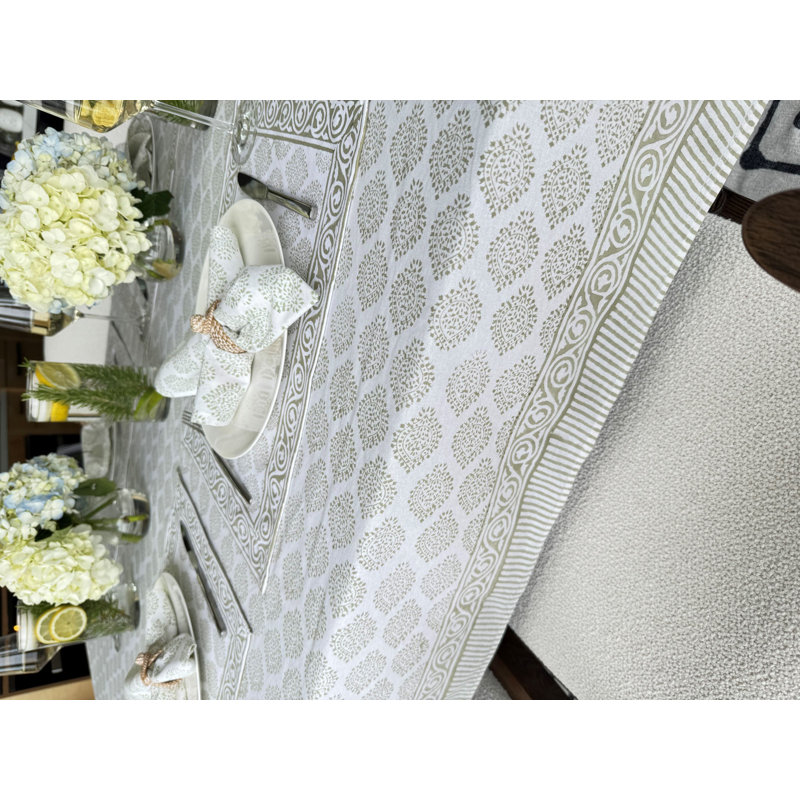 Hand Block Print Tablecloth, Light Green, 90" L x 70" W