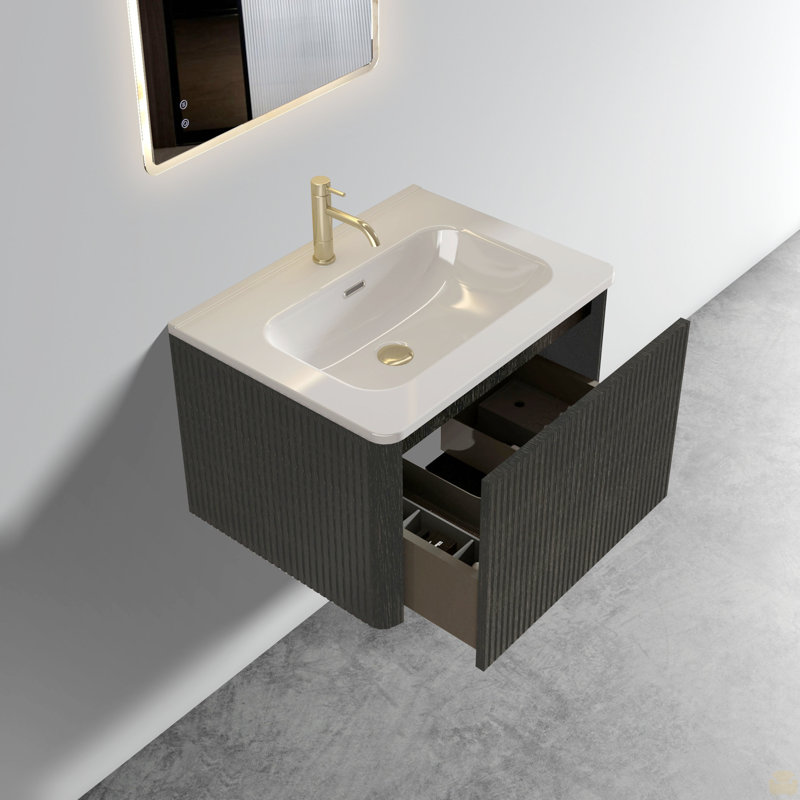 24" Striped Floating Bathroom Vanity With White Ceramic Sink, Bathroom Vanity, Black, 24"