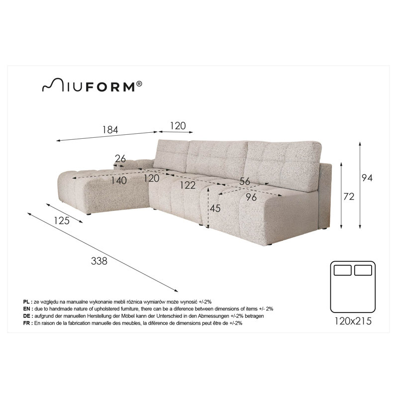 Lulu 5 Seater Corner Sofa Bed, Left -sided, Light gray