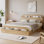 Structure de lit grand format, lit en bois avec tête et pied de lit avec rangement, lit plateforme bas avec lattes en bois, aucun sommier requis, naturel
