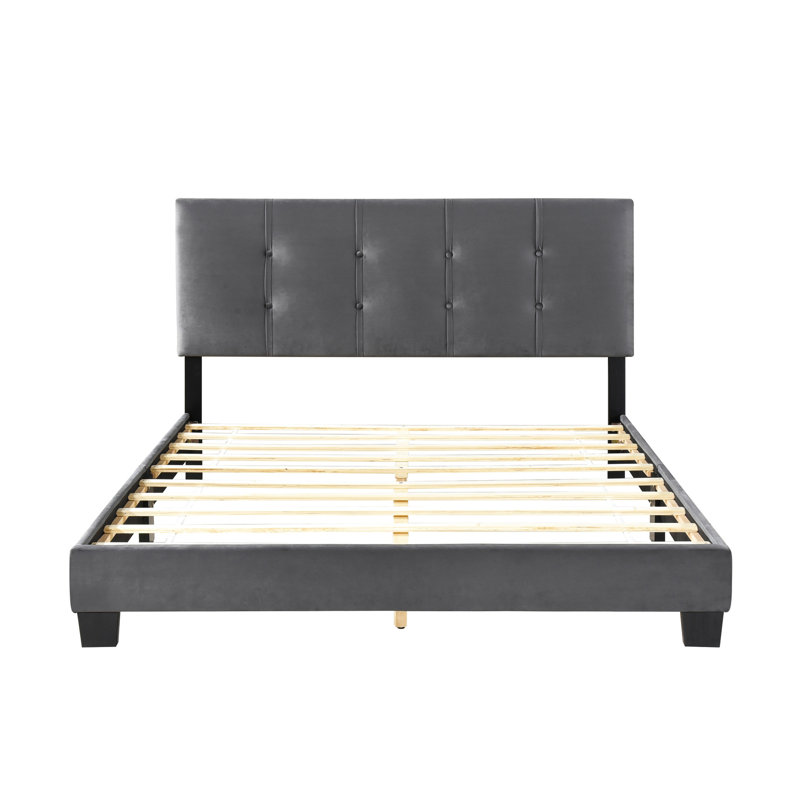 Grand lit plateforme en bois massif, revêtement en velours gris foncé, cadre de chambre à coucher rembourré avec tête de lit ajustable,