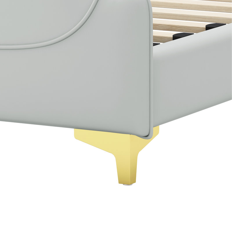 Très grand lit plateforme en cuir PU avec tête de lit à oreilles, couleur grise, détails en métal doré, sans sommier, revêtement de structure, décoration, assemblage facile