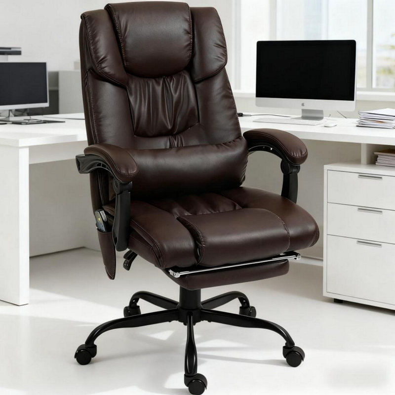 Fauteuil de bureau inclinable à haut dossier, fauteuil de massage à 6 points vibrants avec repose-pieds et télécommande, Brun