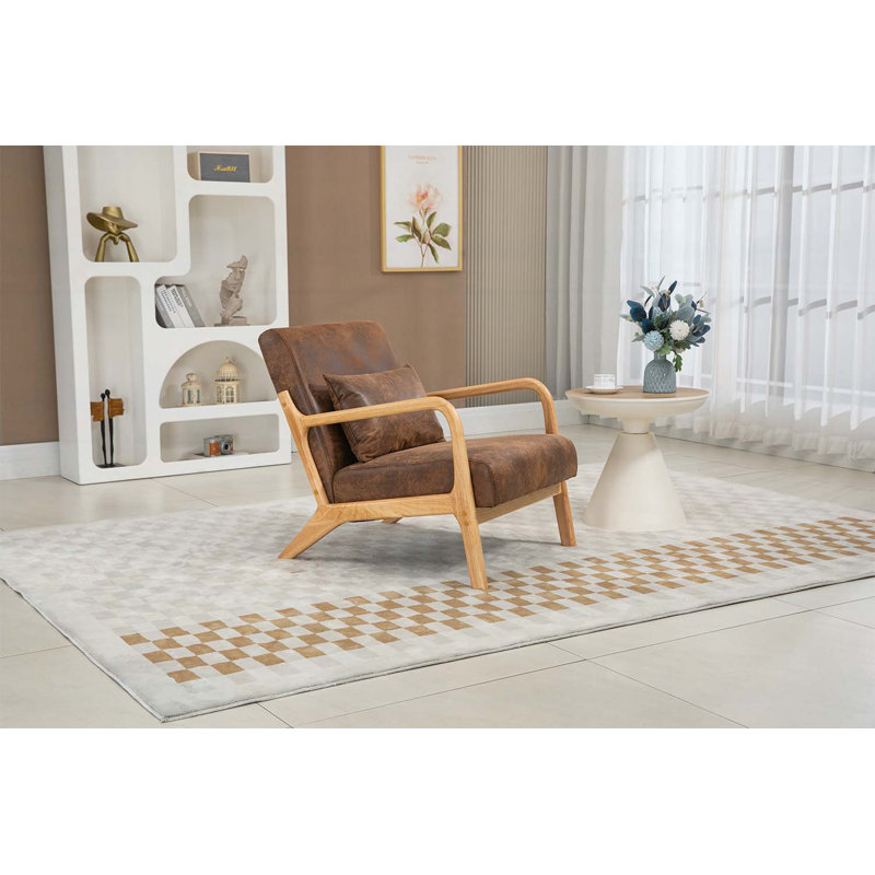 Chaise d'appoint avec structure en bois, parfaite pour la lecture et la détente, Tissu brun, Naturel