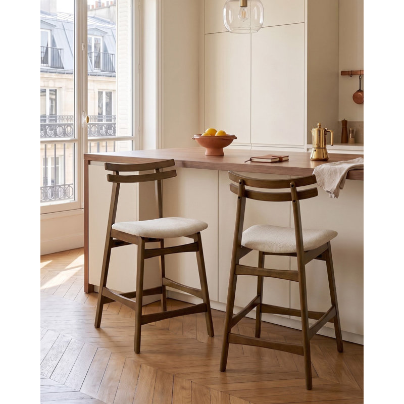 Upholstered Counter Stool with Solid Wood Frame, White / Brown