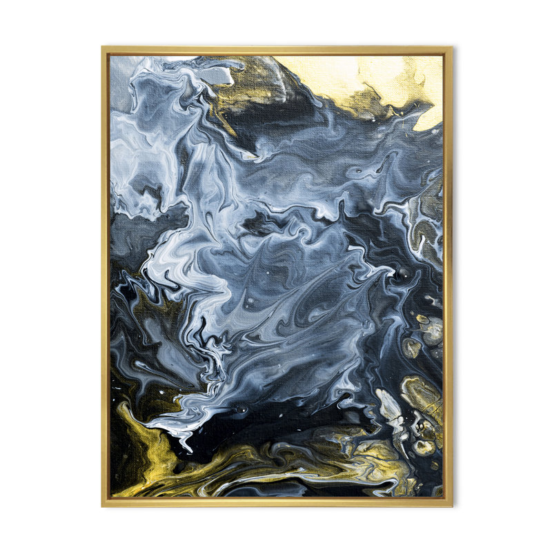 Or blanc et nuages de marbre jaune IV - peinture sur toile, H 32 po x l 24 po, Cadre flottant doré