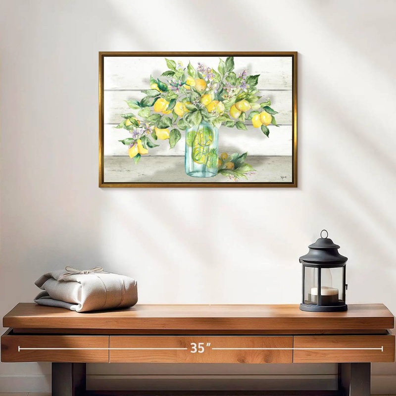 Aquarelle de citrons dans un pot Mason, 19 po x 13 po, Cadre flottant doré