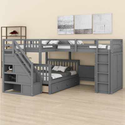 L-Shaped Bunk Bed Featuring Three Drawers, A Desk And Wardrobe