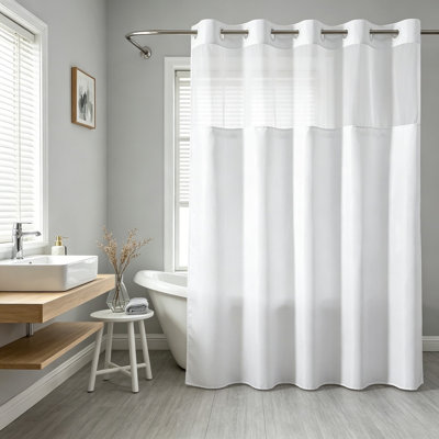 Linen Textured Shower Curtain with Snap-In Fabric Liner Set, No Hooks Needed Ringless Design, Waterproof & Washable Hotel Luxury Decor for Bathroom
