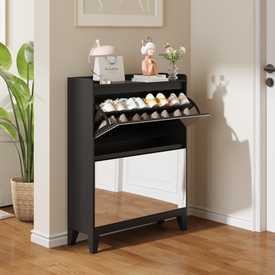 Mirrored Shoe Storage Cabinet With 2 Flip Drawers