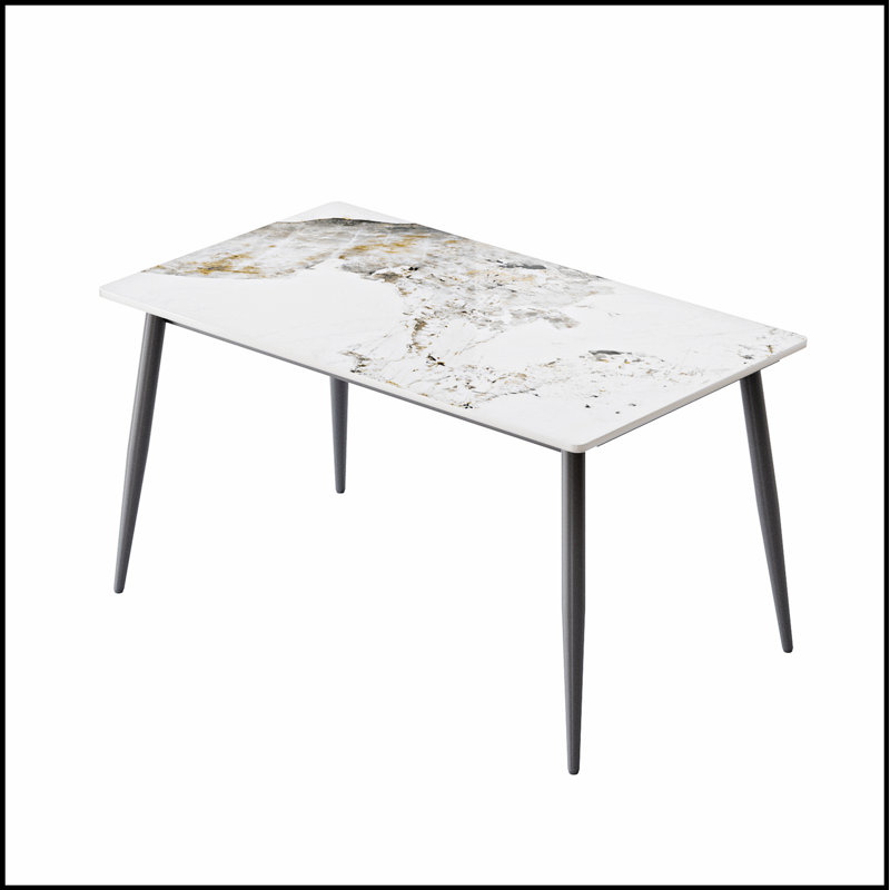 Table de salle à manger moderne à bordure droite en pierre artificielle moderne avec pieds en métal gris foncé, Blanc