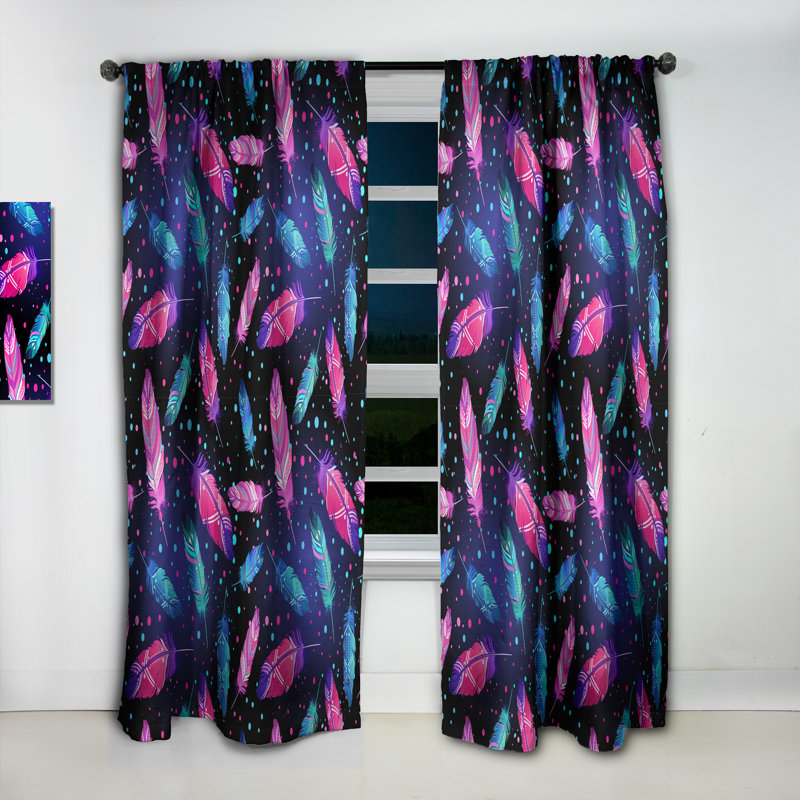 Panneau de rideau Southwestern, motif de plumes occultant - Motif avec plumes d'oiseaux peintes, L 52 po x L 90 po