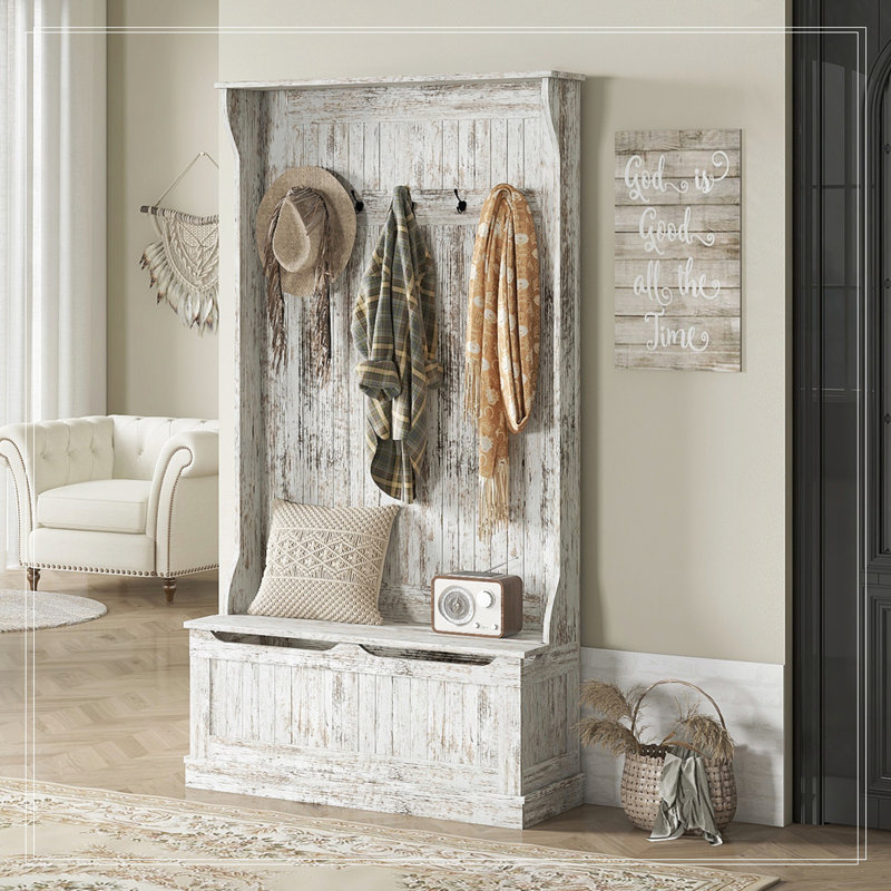 Arbre d'entrée 3-en-1 avec banc de rangement, portemanteau avec cinq crochets et rangement pour chaussures