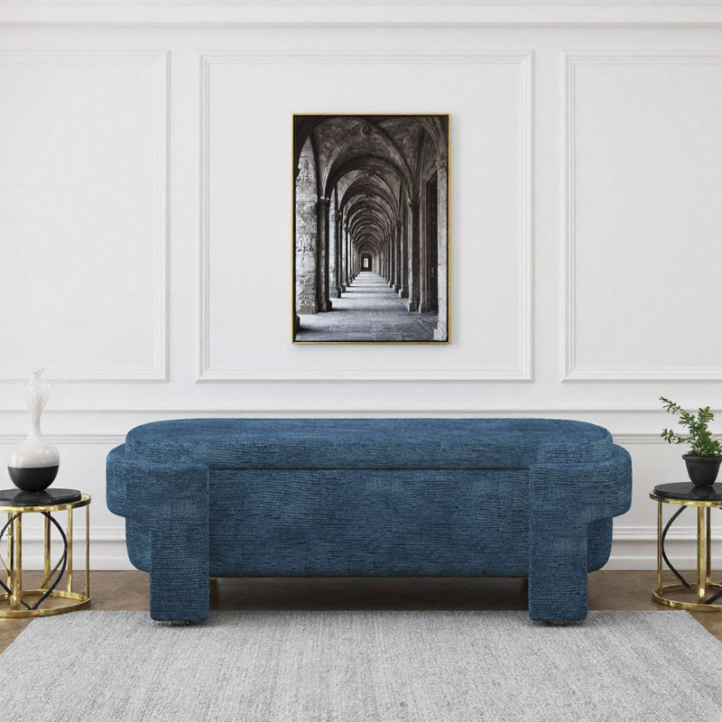 Élégant banc de rangement en lin beige avec sièges confortables pour le hall d'entrée et le salon, Bleu très foncé