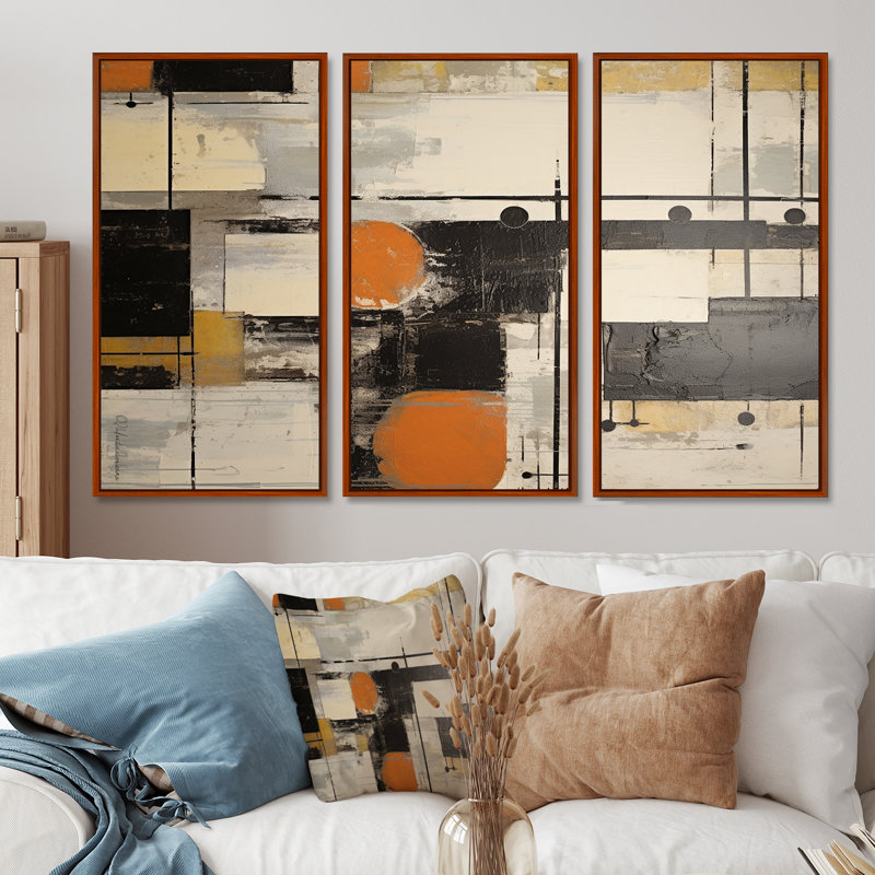«Deconstrstruction Beige Orange Black White - Abstract Shapes», ensemble de reproductions d'art mural, Cadre flottant brun