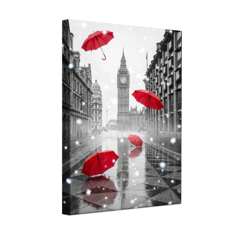 Parasols rouges pittoresques et urbains flottant dans la rue pluvieuse de Londres, H 30 po x l 20 po