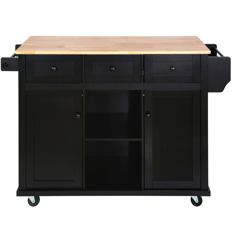 Kitchen Cart With Rubber Wood Drop-Leaf Countertop ,Cabinet Door Internal Storage Racks,Kitchen Island On 5 Wheels With Storage Cabinet And 3 Drawers For Dinning Room