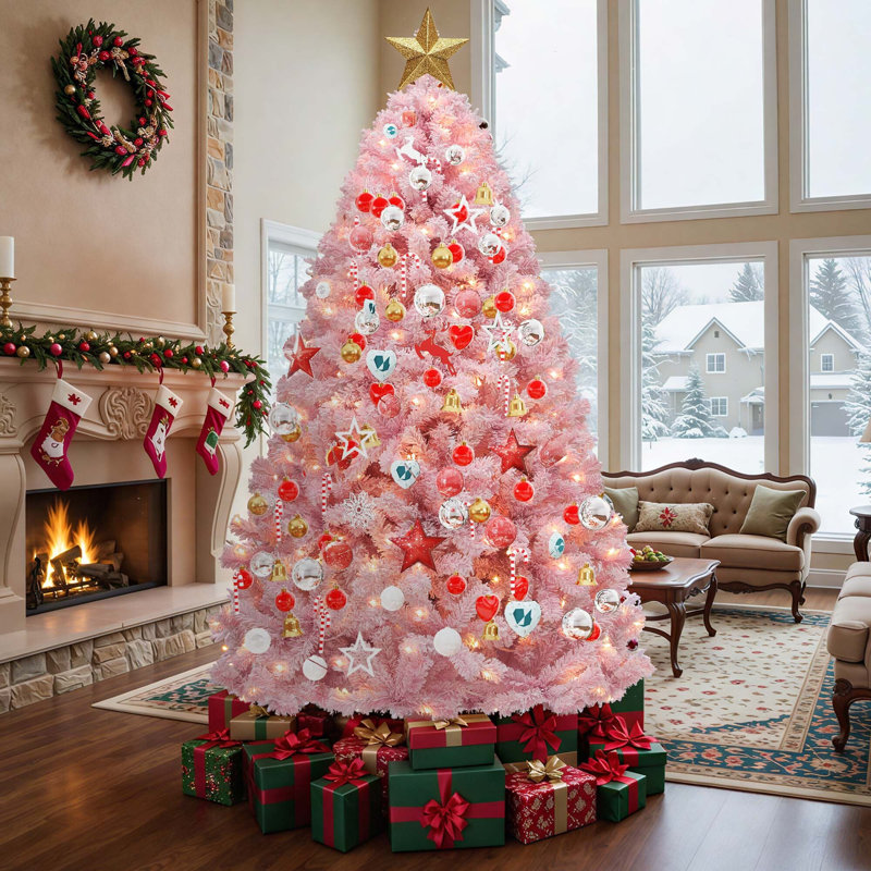Arbre de Noël artificiel rose 4,5 pi avec éclairage réglable, 7,5 pi