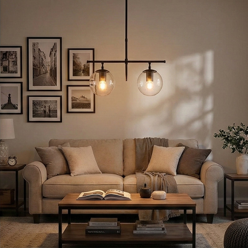 Luminaire suspendu linéaire à 2 lumières pour îlot de cuisine avec abat-jour en verre Alistair, 2, Noir