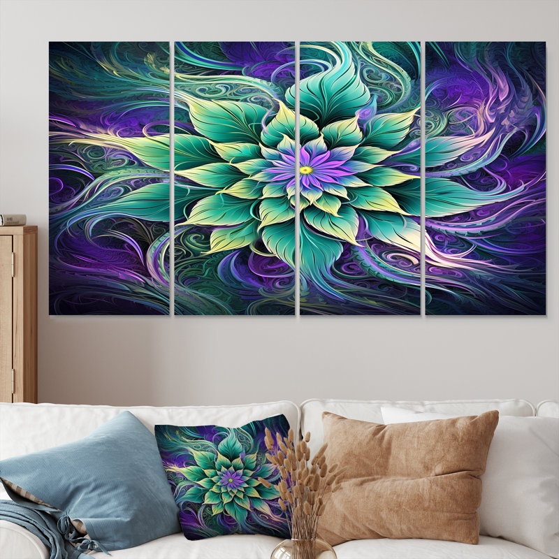 «Vibrant Green Futur Flower - Boho Mandala», art mural 4 pièces, H 28 po x l 48 po