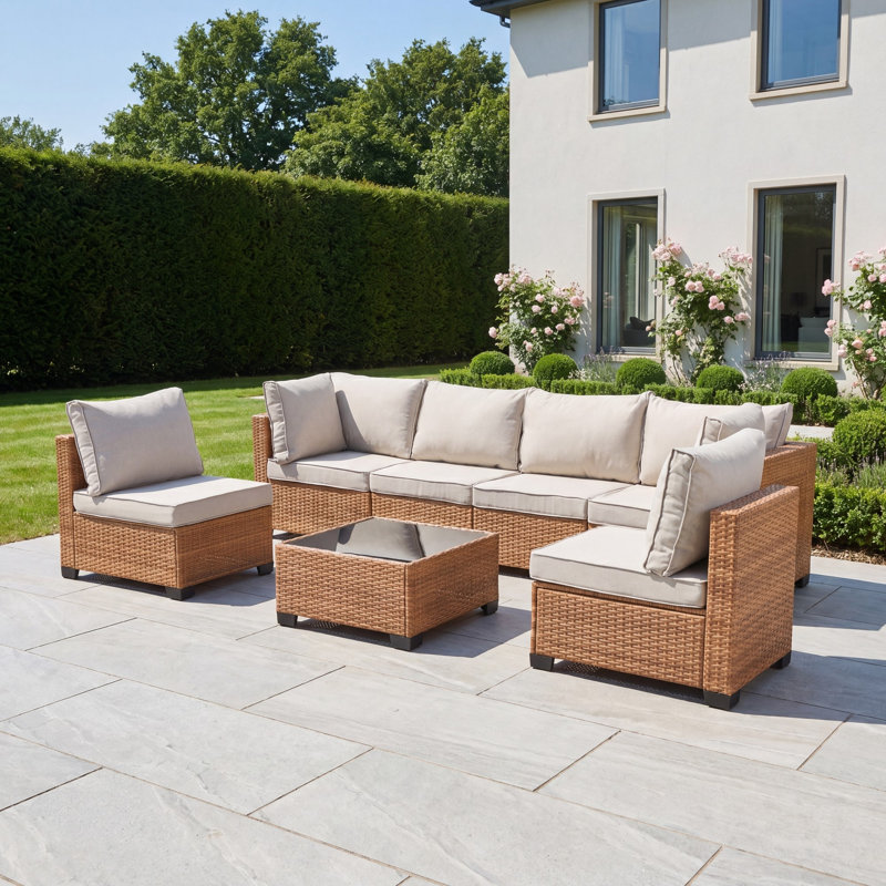 Saviano 6 Seat Modular Rattan Conversation Set, Cream & Tan