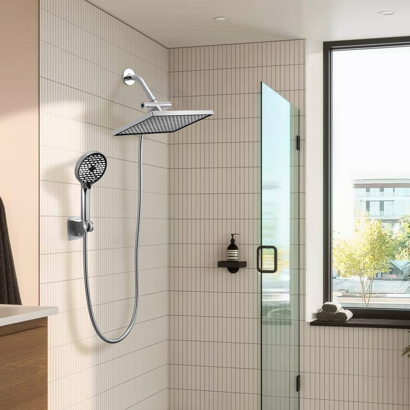 12" Rectangular Dual Shower Head Combo with 6-Spray Handheld Shower Wall Mount Chrome, Chrome