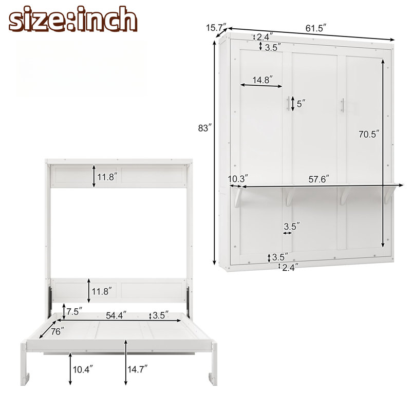 Lit escamotable avec bureau Kailer, Double, Blanc, Pas de rangement