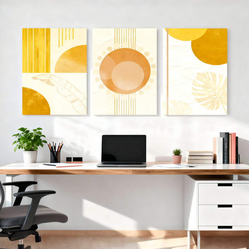 Abstrait art géométrique sur toile jaune, motif minimaliste moderne (ensemble de 3), H 18 po x l 36 po