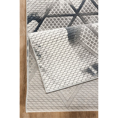 Geometric Runner Rug With Grey Shades, Machine-Made, 31 In. Wide, 118 Long, Stain In And Grey,