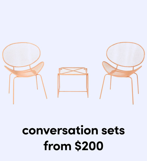 A peach-colored metal patio conversation set with two chairs and a small table from $200.
