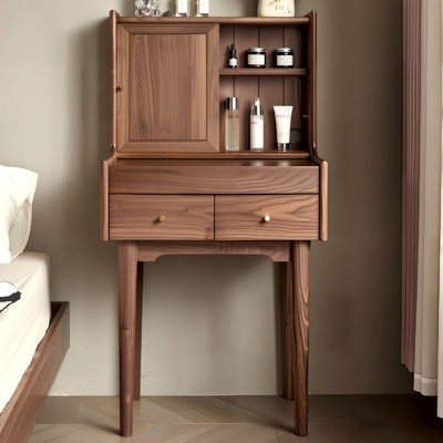 Petite coiffeuse vintage en bois massif brun avec deux tiroirs et huche murale
