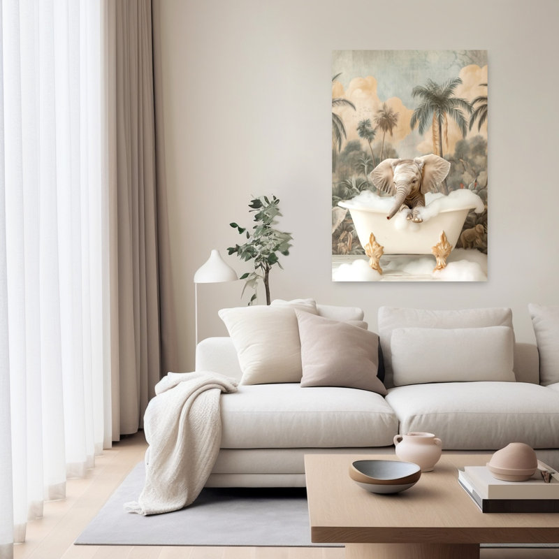 Little Elephant Bubble Bath Playful Serene Elephant Nature Tropical Wall Art Print by Niky Rahner - Wrapped Canvas Print