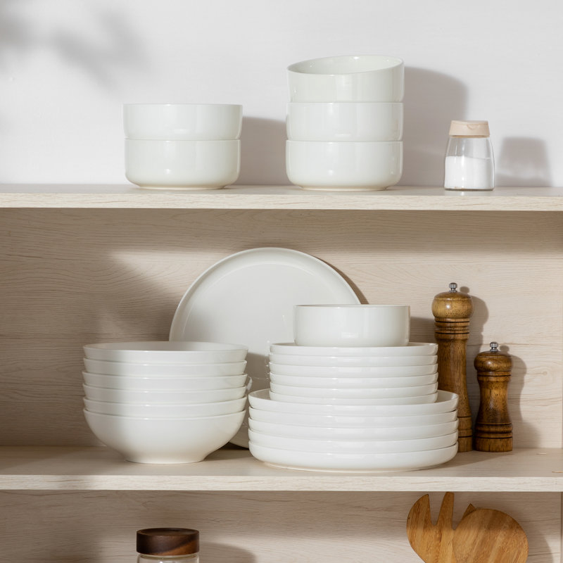 24-Piece Round Porcelain China Dinnerware Set, Service For 6, White/Ivory