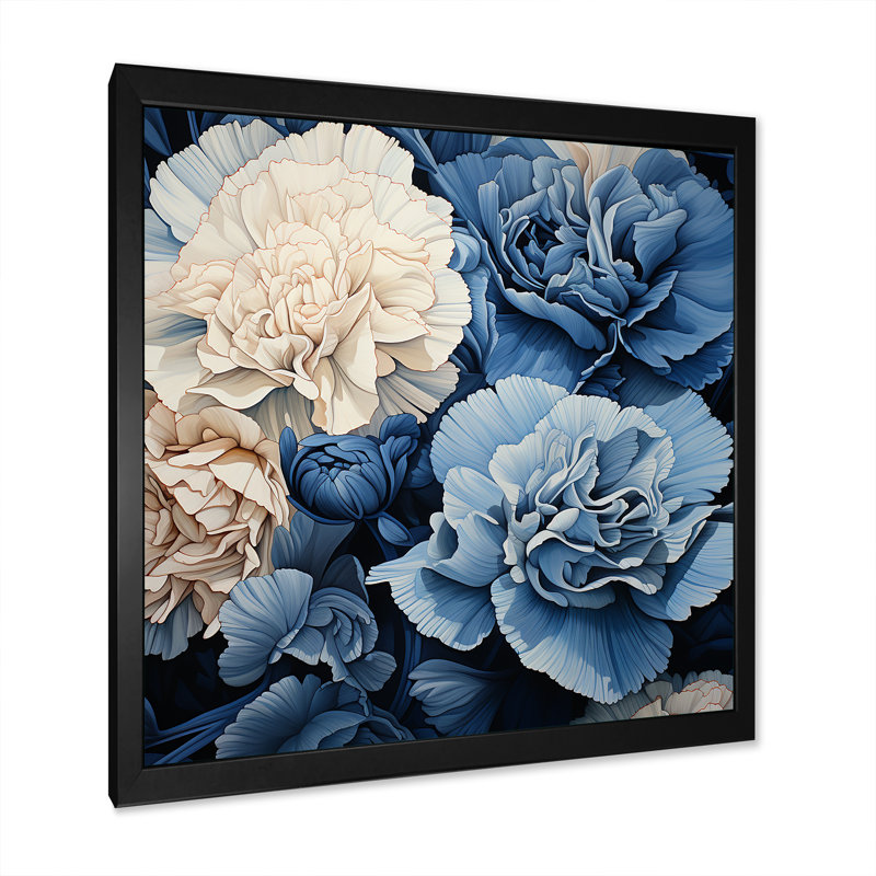 Arrangement mural œillets blancs et bleus VI - œillets, Cadre simple noir, H 30 po x l 30 po x P 1 po