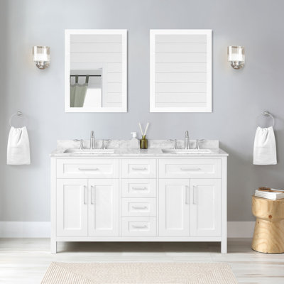 OVE Tahoe 60 in. Freestanding Double Sink Vanity Kit in Pure White with Mirrors, White Engineered Stone Top and Brushed Nickel Hardware