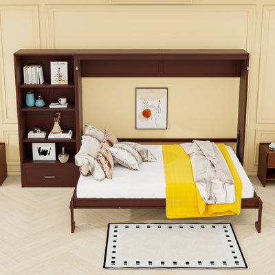 Grand lit escamotable avec rangement réglable, tablette et tiroir - Lit escamotable mural peu encombrant pour petites pièces, noyer