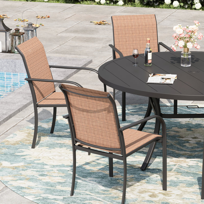 6-Person Round Patio Dining Set With Stackable PVC-coated polyester Chairs, Brown/Black