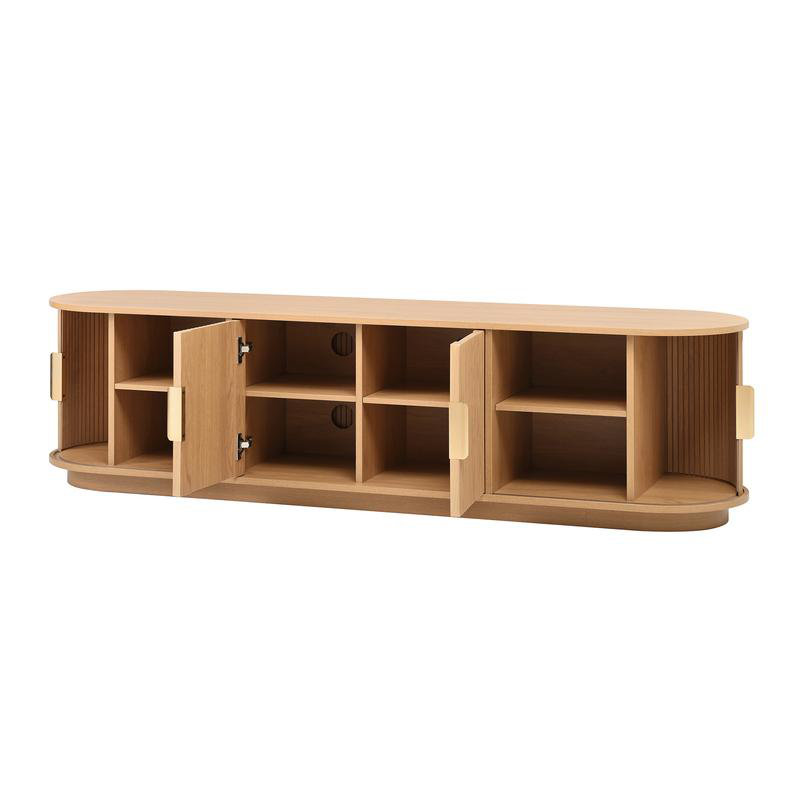 Wooden TV Stand & Coffee Table Set with Fluted Sliding Door for TVs up to 75", Golden Handles Media Console with Cable hole, Farmhouse Round Center Table for Living Room, Natural, Teak