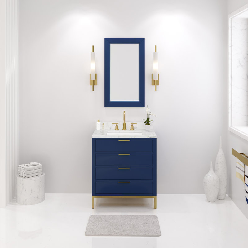 Bristol 30 In. Single Sink Carrara White Marble Countertop Bath Vanity In Pure White With Satin Gold Gooseneck Faucet