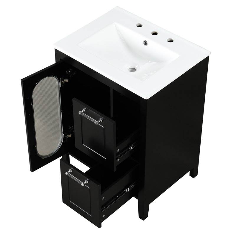 Meuble-lavabo de 24 po avec lavabo, bois massif et construction, noir, deux tiroirs, porte, tablette réglable, conception autoportante en verre céramique, style moderne, grand rangement en caoutchouc noir de 24 po, armoire