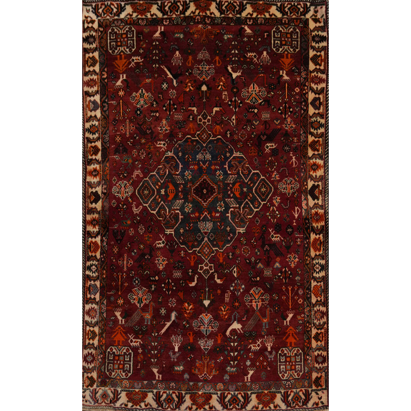 Tapis traditionnel rétro en laine animaux rouges 5 x 7